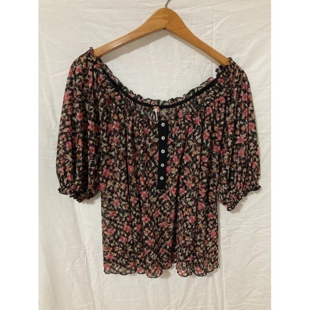 Free People Floral Mesh Blouse Womens Size Medium Black Pink Boho Core 90s Magic